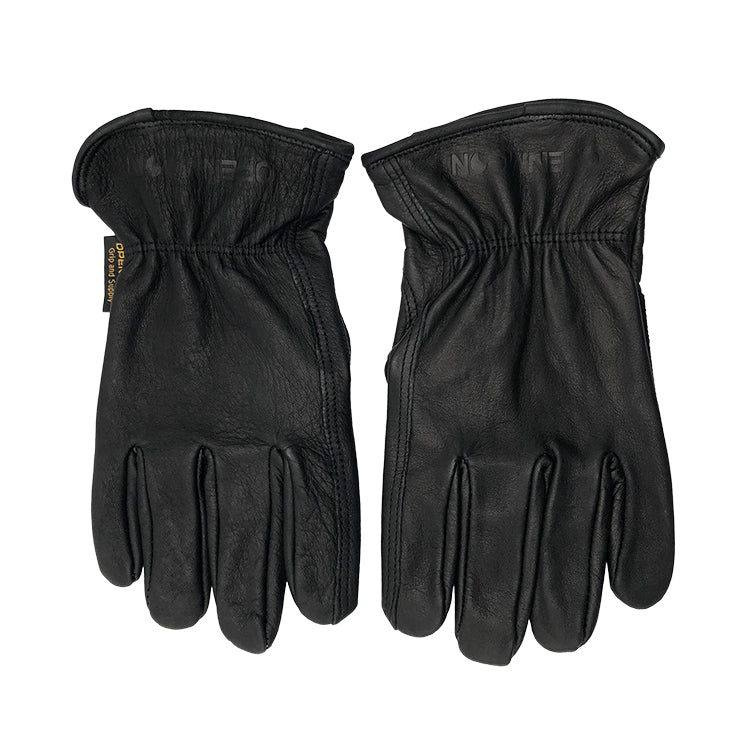 OPENMOON Flex Grip Leather Work Gloves Stretchable Wrist Tough Cowhide Working Glove 1 Pair (Black)