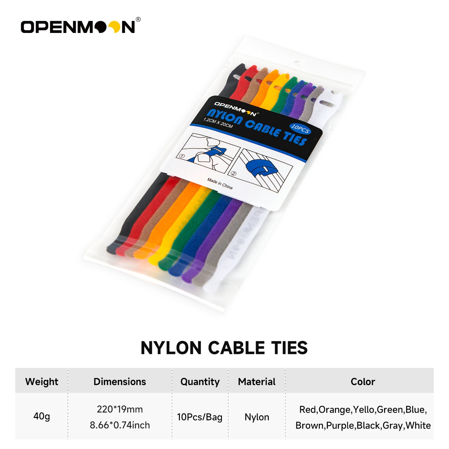 OPENMOON Nylon Reusable Cable Ties, Adjustable 10pieces Multicolor