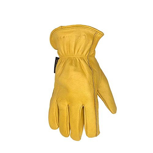 OPENMOON Flex Grip Leather Work Gloves Stretchable Wrist Tough Cowhide Working Glove 1 Pair (Yellow)