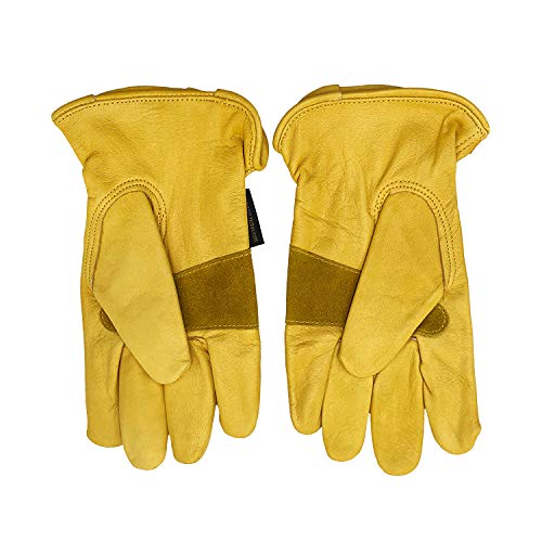 OPENMOON Flex Grip Leather Work Gloves Stretchable Wrist Tough Cowhide Working Glove 1 Pair (Yellow)