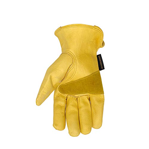 OPENMOON Flex Grip Leather Work Gloves Stretchable Wrist Tough Cowhide Working Glove 1 Pair (Yellow)