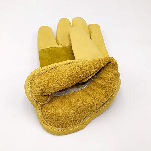 OPENMOON Flex Grip Leather Work Gloves Stretchable Wrist Tough Cowhide Working Glove 1 Pair (Yellow)