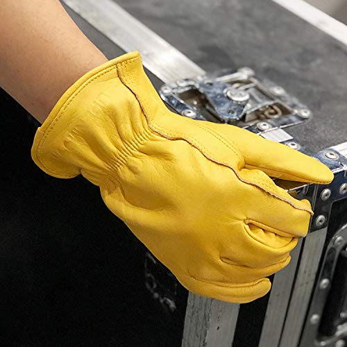 OPENMOON Flex Grip Leather Work Gloves Stretchable Wrist Tough Cowhide Working Glove 1 Pair (Yellow)