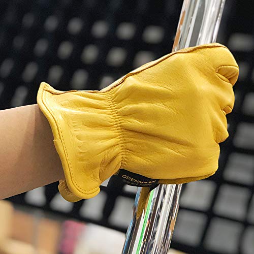 OPENMOON Flex Grip Leather Work Gloves Stretchable Wrist Tough Cowhide Working Glove 1 Pair (Yellow)