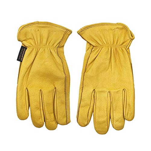 OPENMOON Flex Grip Leather Work Gloves Stretchable Wrist Tough Cowhide Working Glove 1 Pair (Yellow)